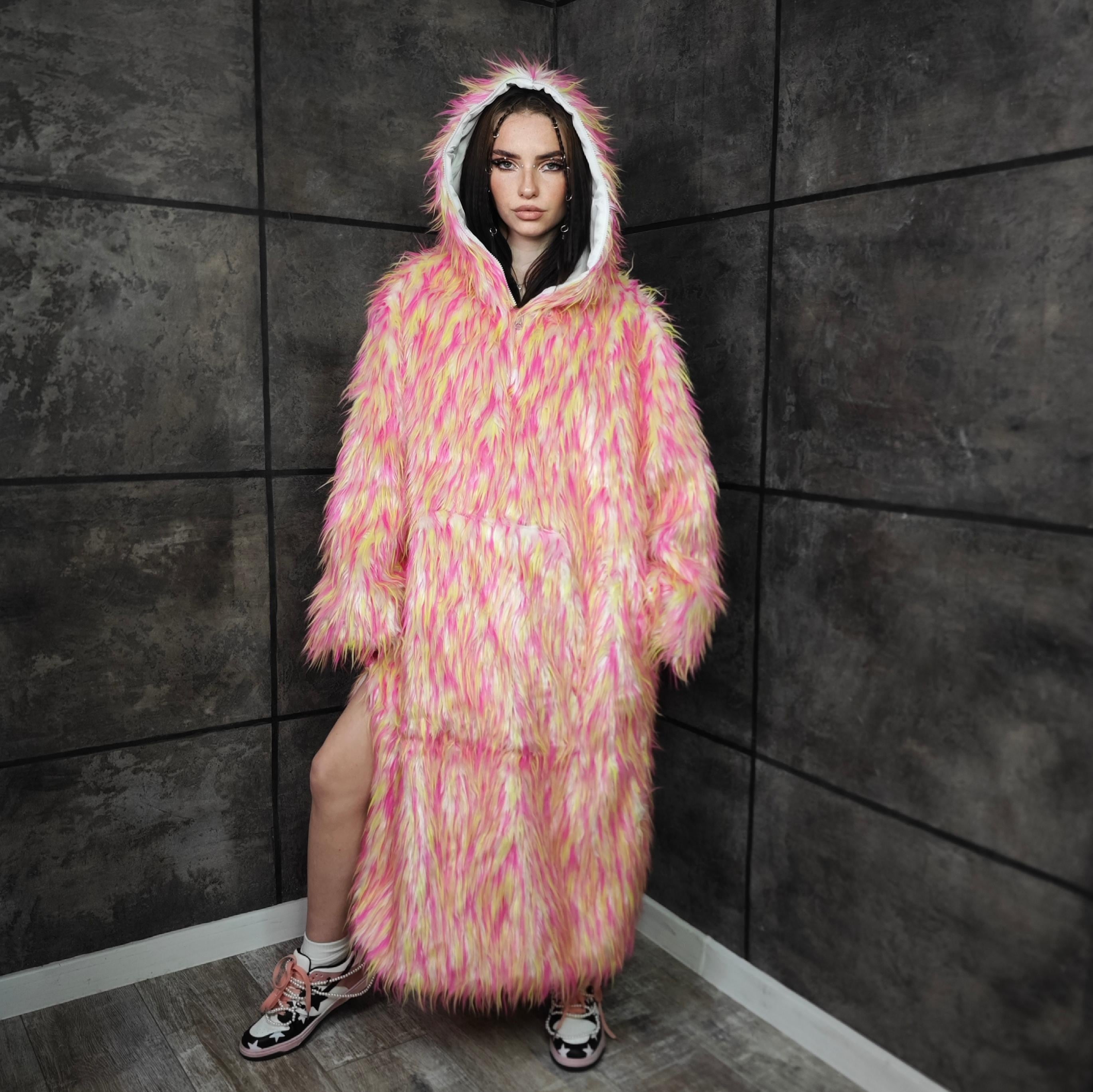 Shaggy Pink Yellow Faux Fur Jumpsuit Oversize Hooded Coat, Fluffy