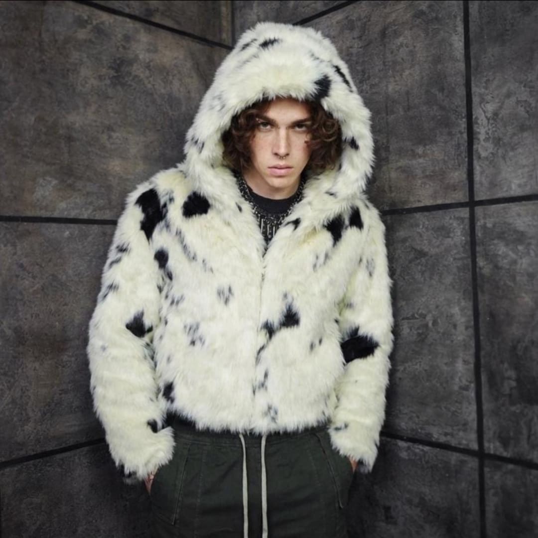 Dalmatian Print Faux Fur Crop Jacket, Black White Spotted Hooded
