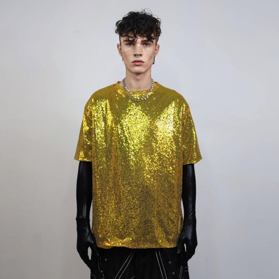Golden Sequin T-shirt Glitter Top Sparkle Jumper Party Pullover Glam Rock  Jumper Fancy Dress Embellished Going Out Tee in Luminous Yellow - Etsy