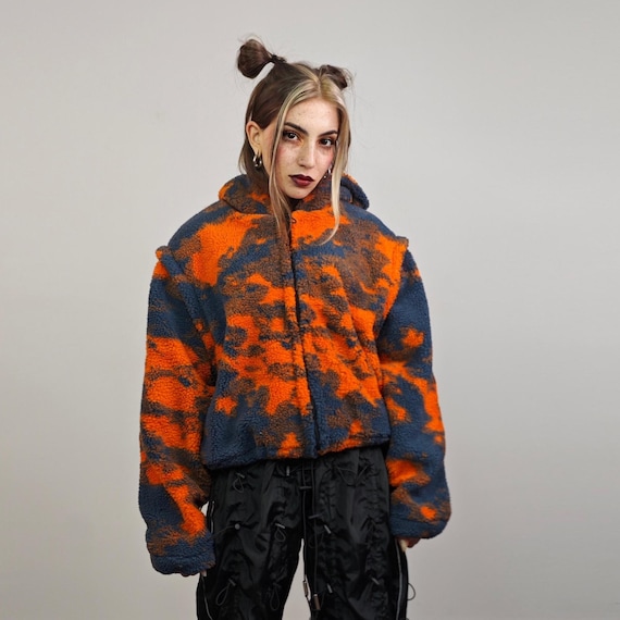 Orange Tie-dye Fleece Jacket Hooded Gradient Bomber Luxury Cropped