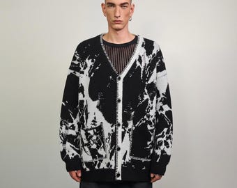 Abstract Pattern Cardigan, Grunge Bleach Dye Sweater, Unisex Alt