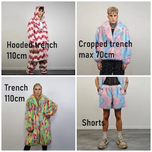 Puede incluir: Cuatro im&aacute;genes de ropa de piel sint&eacute;tica colorida. Un trench coat con capucha con patrones de corazones rojos, un trench coat corto, un trench coat largo y pantalones cortos. Los trench coats miden 110 cm de largo, y el trench coat corto mide 70 cm como m&aacute;ximo.