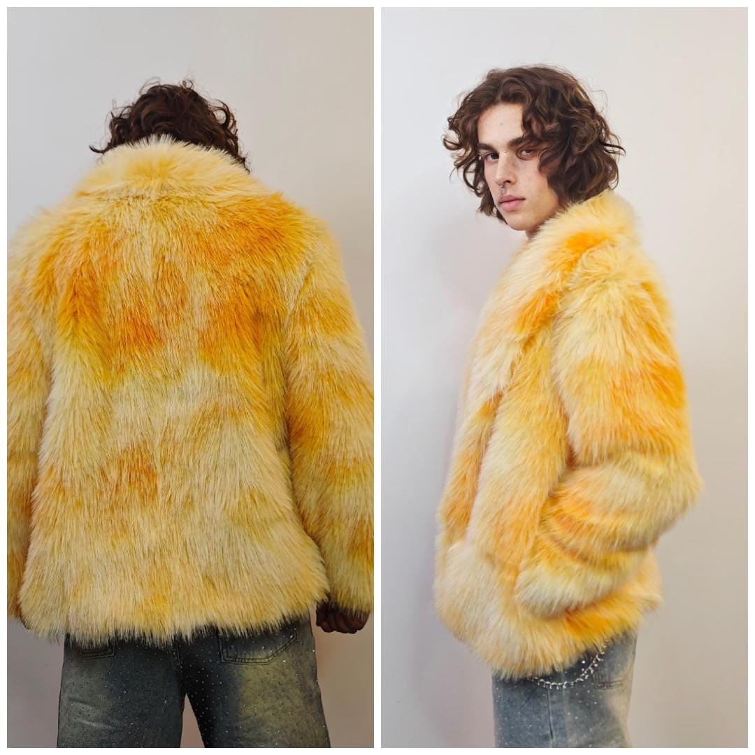 Yellow Gradient Faux Fur Hoodie, Tie Dye Festival Jacket, Bright