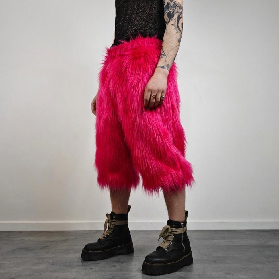 Neon Pink Faux Fur Shorts, Bright Shaggy Bottoms, Rave Festival
