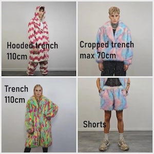 May include: Four fashion pieces: a hooded trench coat (110cm), a cropped trench coat (max 70cm), a trench coat (110cm), and shorts. The coats are colorful, with heart, pastel, and vibrant patterns. The shorts are pastel-colored.