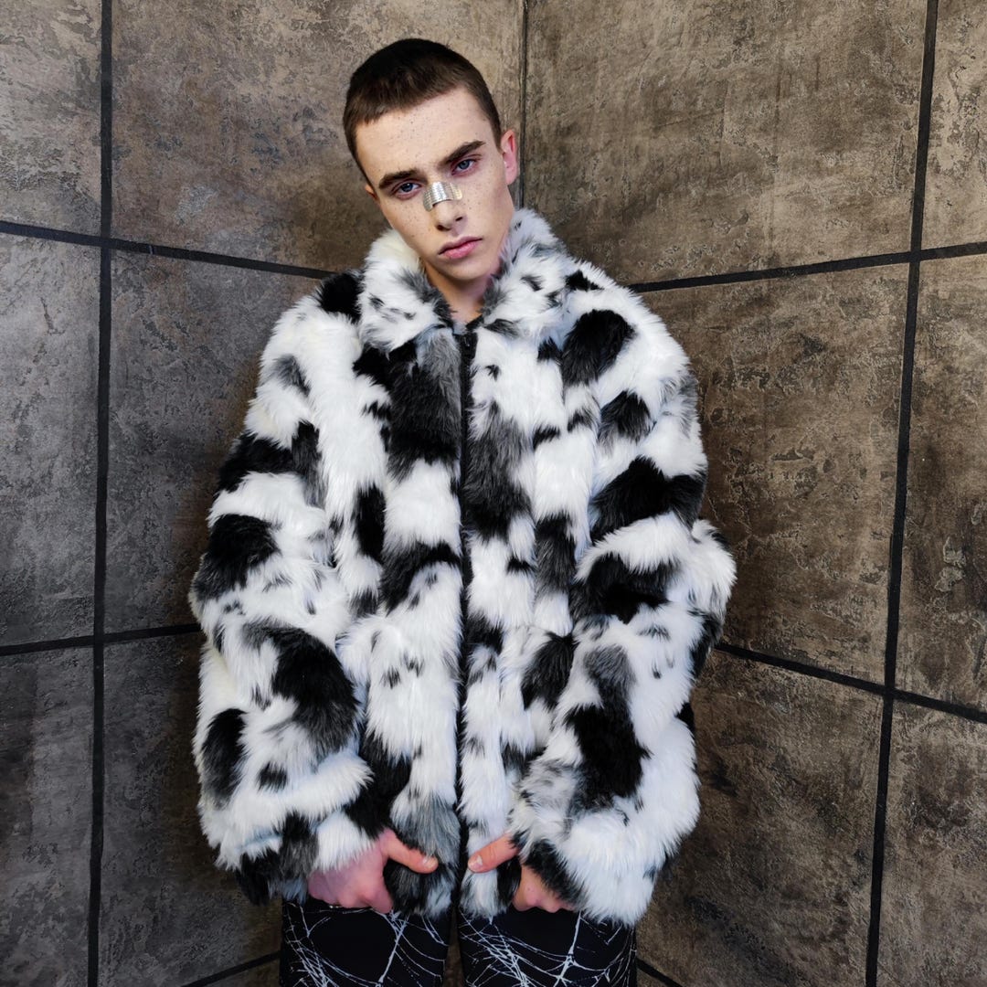 Spot Pattern Faux Fur Jacket White Fluffy Animal Print