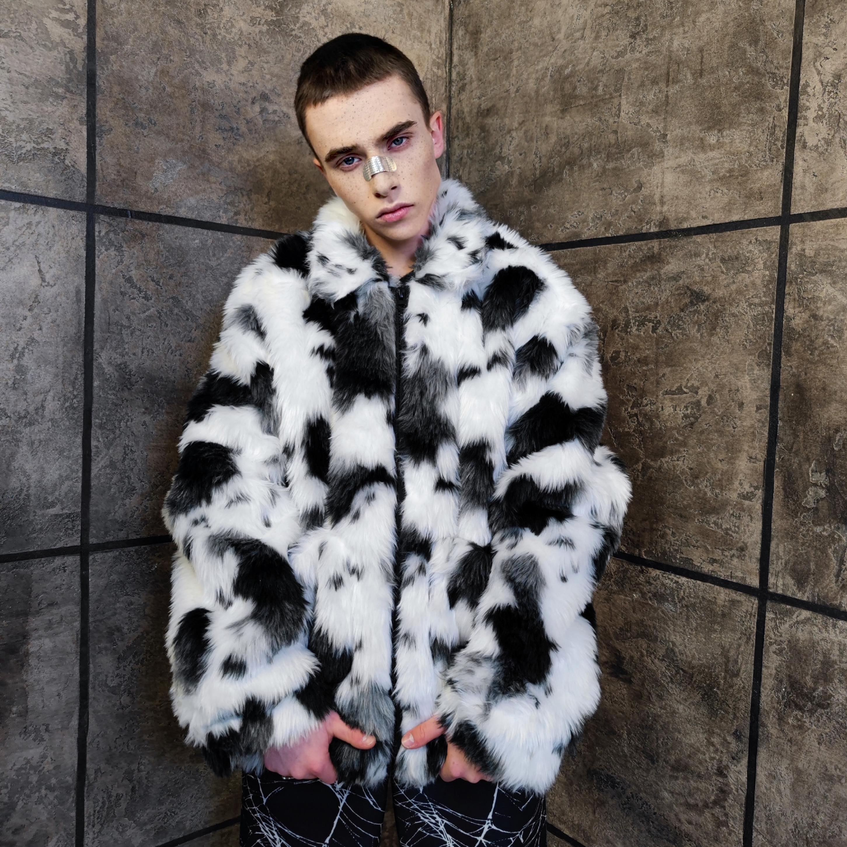 Spot Pattern Faux Fur Jacket White Fluffy Animal Print Bomber