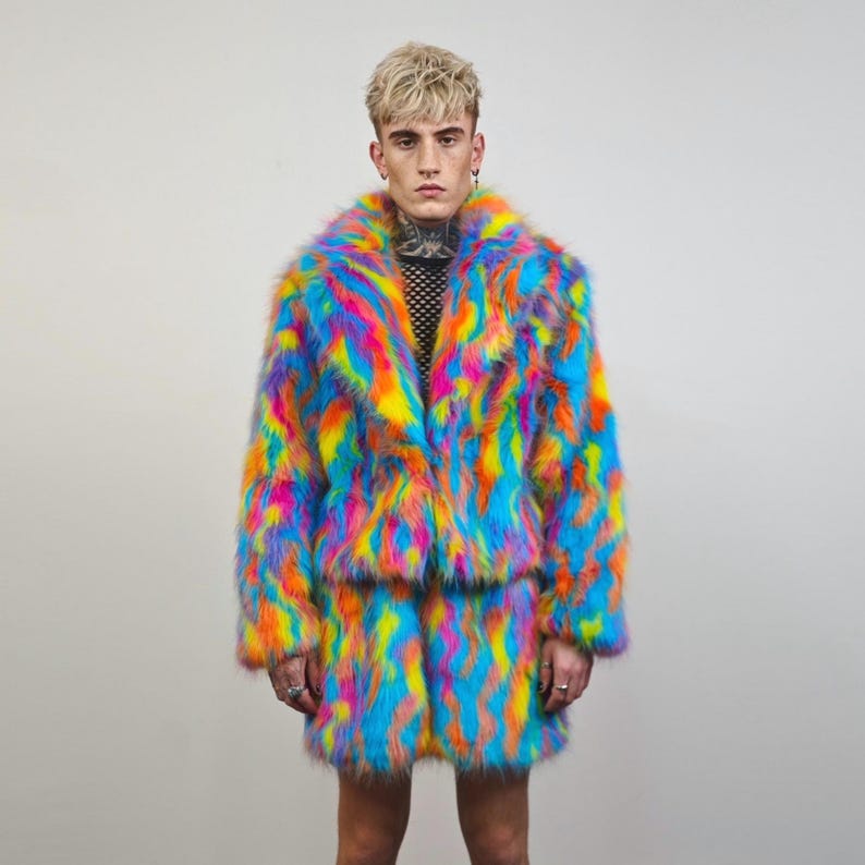 Cropped Faux Fur Psychedelic Coat 70s Trench Neon Rave Bomber Fluffy ...