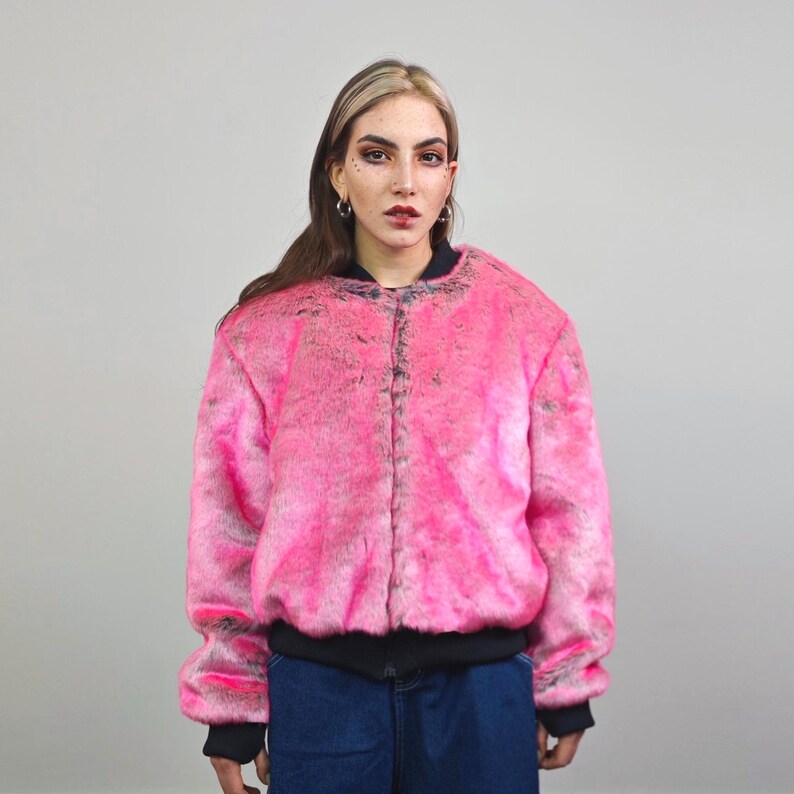 Pink Faux Fur Varsity Neon Fluffy Jacket 90s Style Cropped College ...