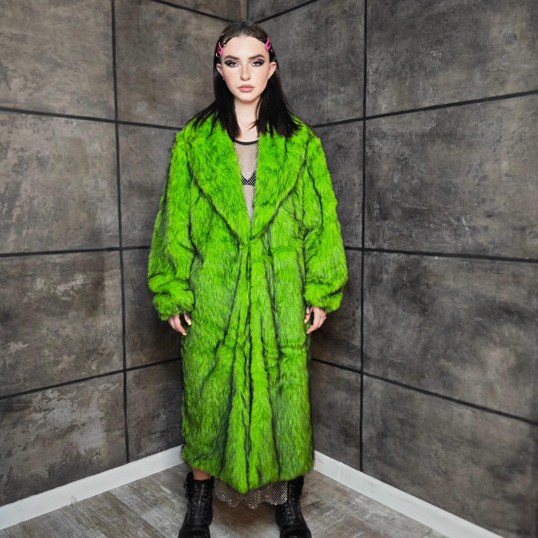 Green Faux Fur Coat Oil Wash 90s Trench Rave Bomber Fluffy Dirty