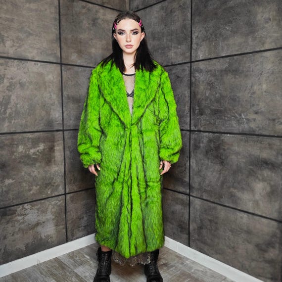 Green Faux Fur Coat Oil Wash 90s Trench Burner Rave Bomber Fluffy