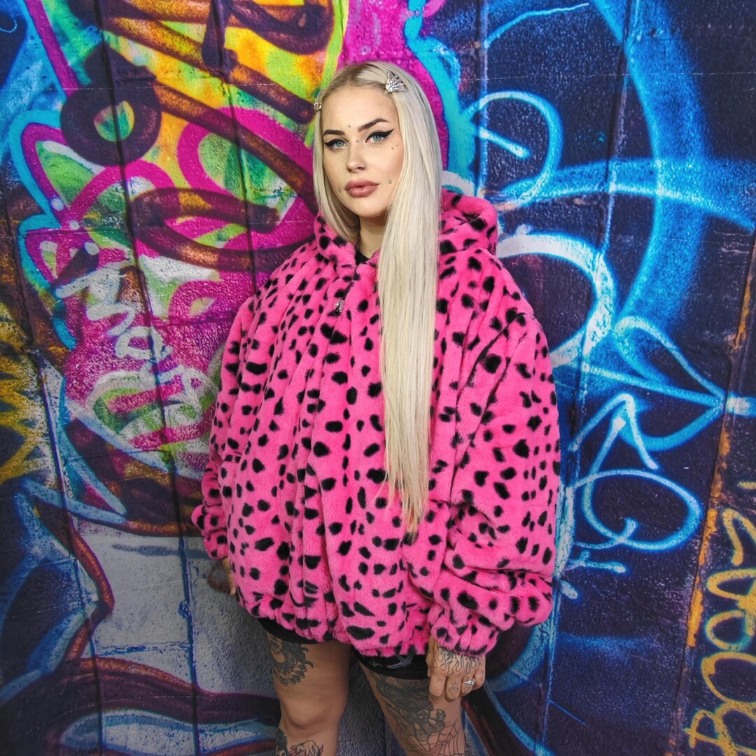 Pink Spot Print Hooded Bomber Fleece Dot Pattern Jacket Neon Raver Coat ...