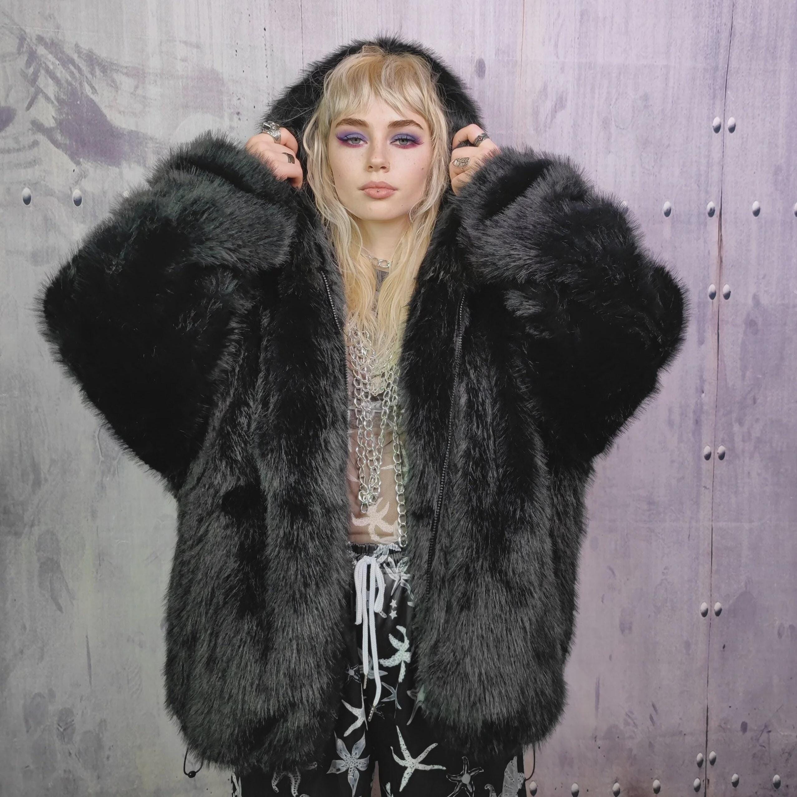 Black Faux Fur Hooded Bomber Edgy Fluffy Jacket Gothic Coat Fuzzy