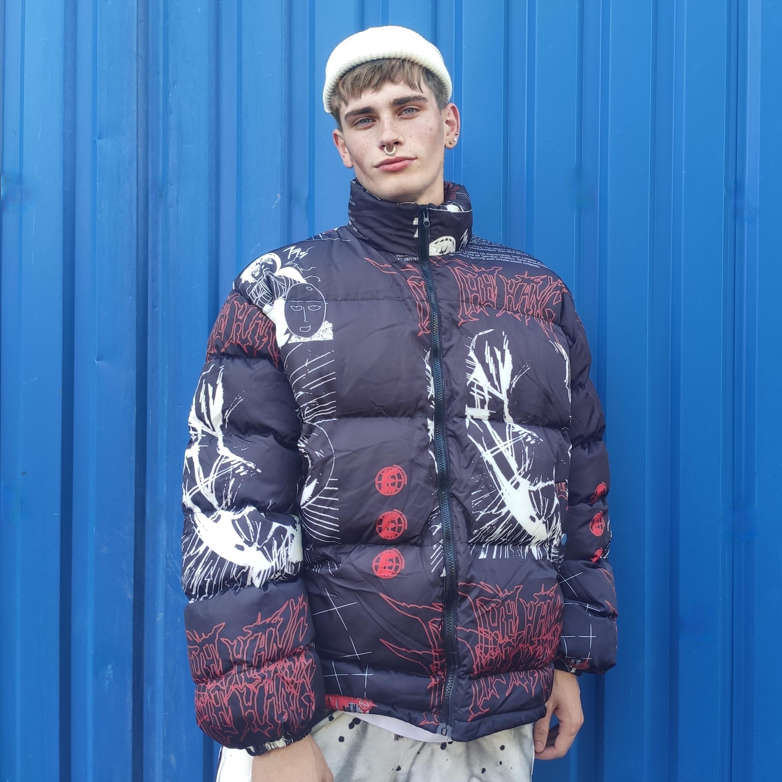 Black Anime Print Puffer Jacket, Manga Panel Bomber Coat, Japanese