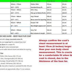 May include: Unisex size guide for a boxy faux fur coat. Includes measurements for chest (44.1"-53.5"), shoulder (19.7"-22.0"), and sleeve (24.4"-26.0"). Height advice and best fit frame are also listed. Text advises confirming the coat's chest measurement is at least 6 inches larger.