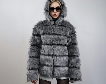 Grey Striped Faux Fur Hooded Jacket, Shaggy Unisex Coat - Etsy
