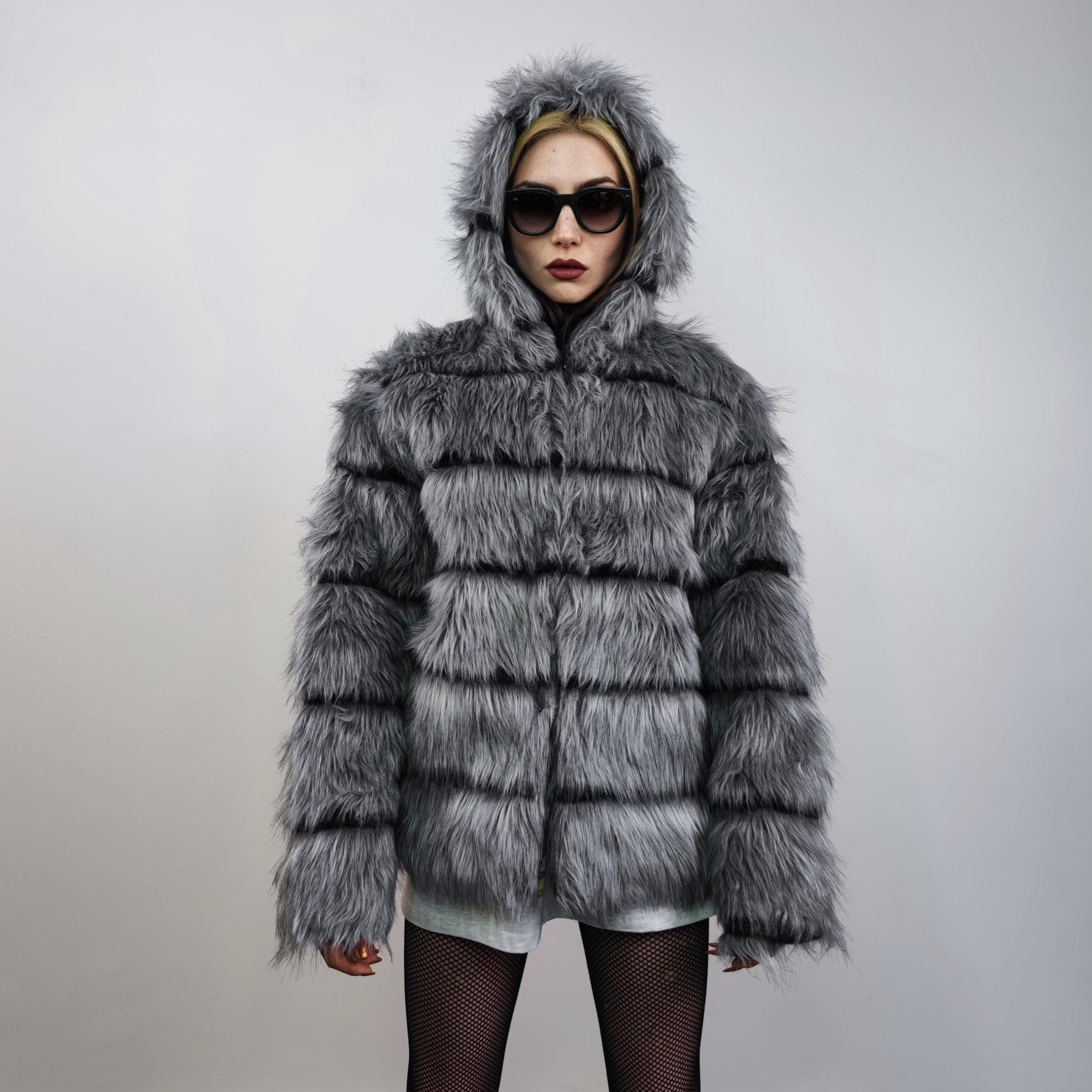 Grey Striped Faux Fur Hooded Jacket, Shaggy Unisex Coat - Etsy