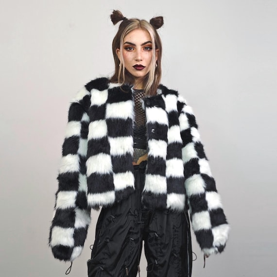 SKA Check Faux Fur Coat Black White Checkered Collarless Jacket