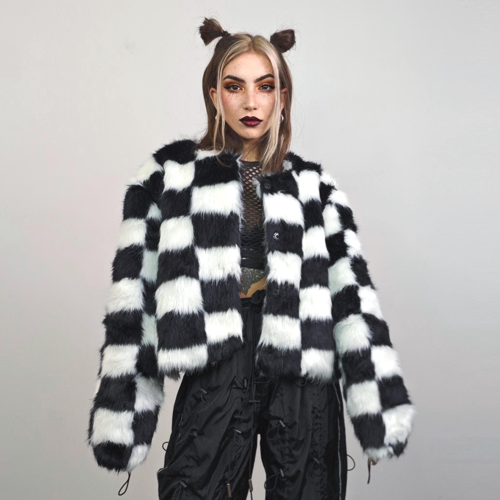 SKA Check Faux Fur Coat Black White Checkered Collarless Jacket