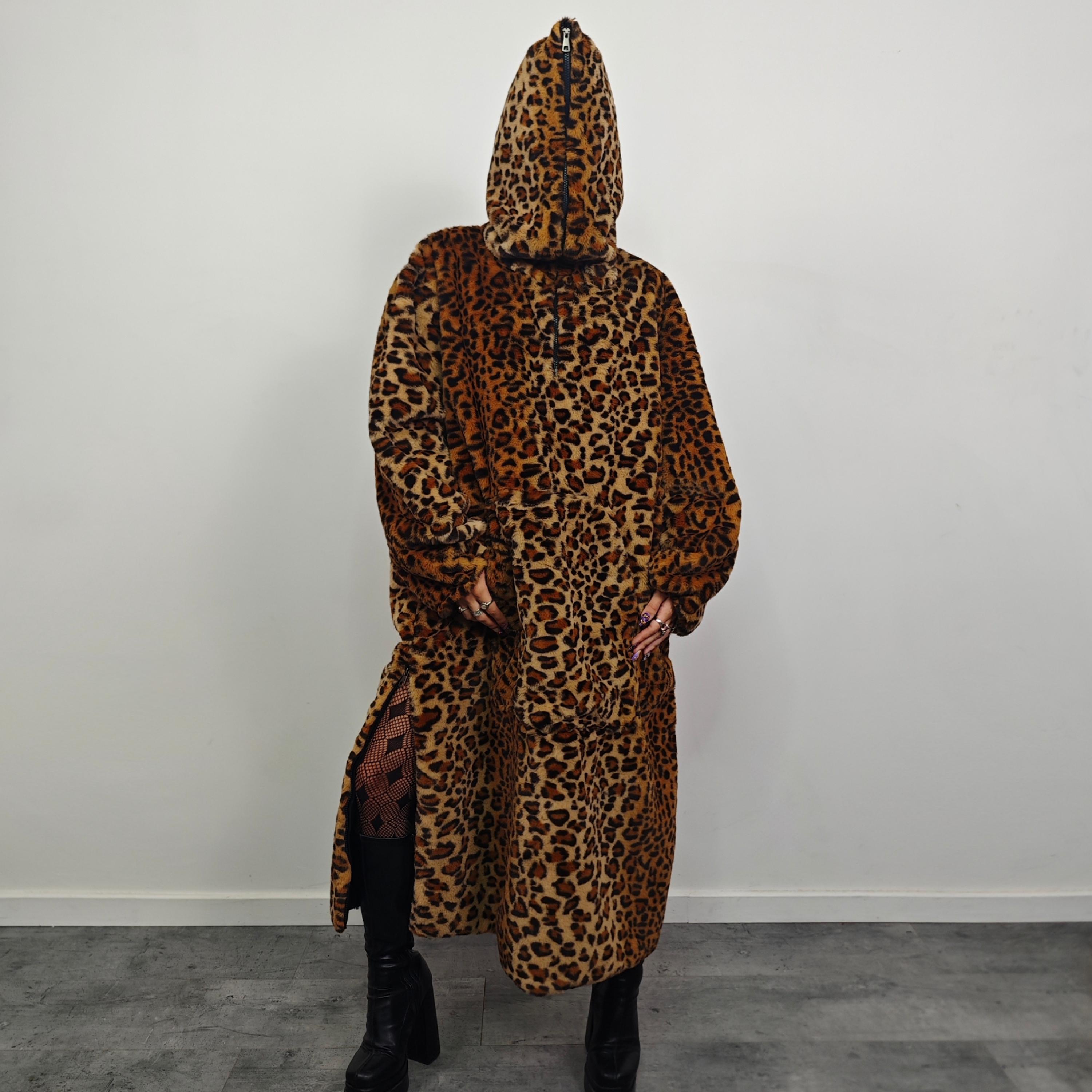 Maxi Leopard Faux Fur Coat Brown Burner Rave Jumpsuit Festival