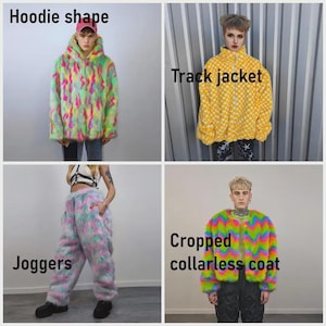 May include: A collage of four fashion items: a hoodie, track jacket, joggers, and a cropped collarless coat. The hoodie is multi-colored, the track jacket is yellow with white polka dots, the joggers are pastel, and the coat is multi-colored.