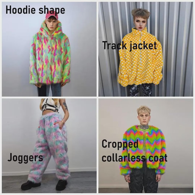 May include: A collage of four fashion items: a hoodie, track jacket, joggers, and a cropped collarless coat. The hoodie is multi-colored, the track jacket is yellow with white polka dots, the joggers are pastel, and the coat is multi-colored.