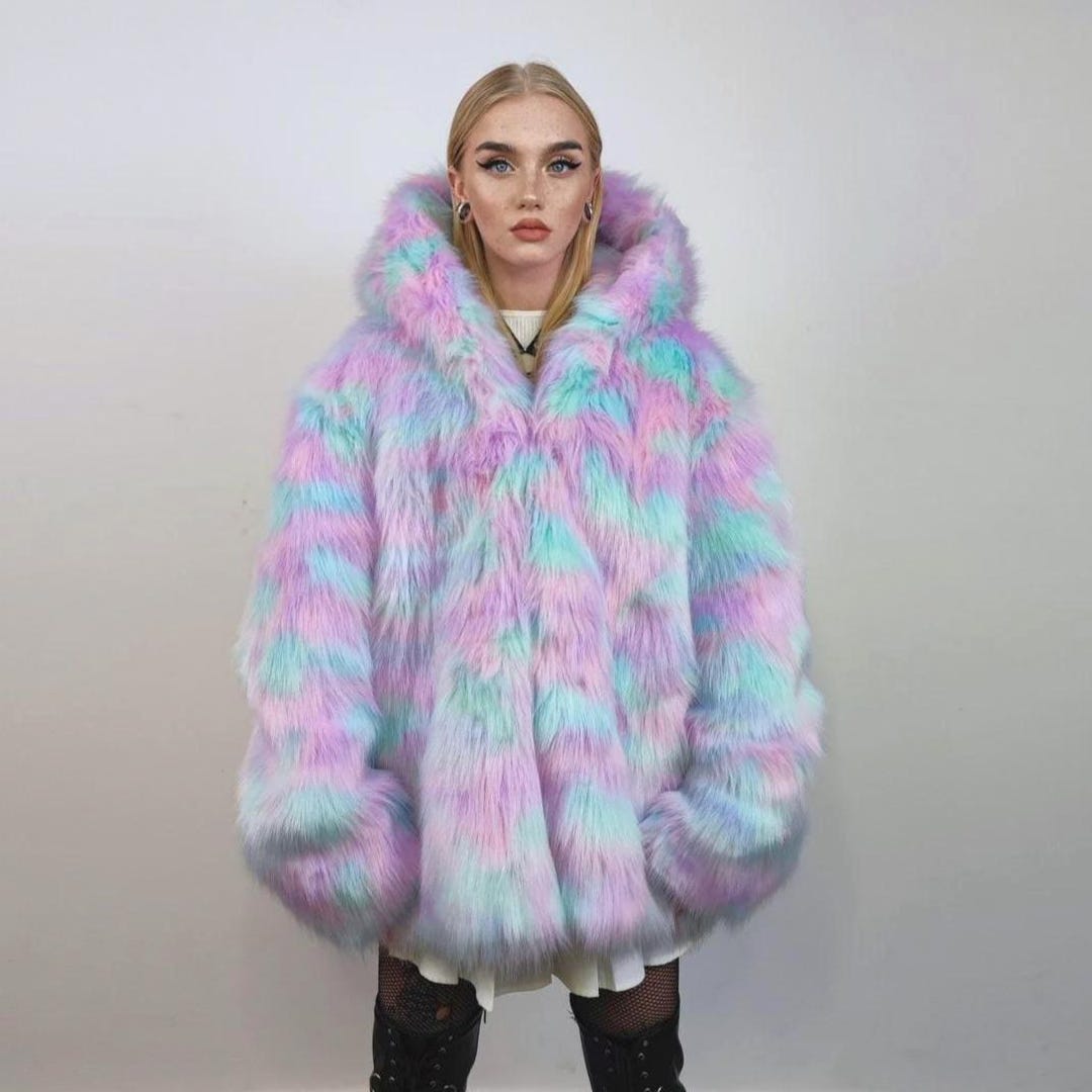 Fun Fur Candy Raver Hooded Candy Faux Fur Jacket Unicorn Bomber Neon Raver Puffer Fluffy ...