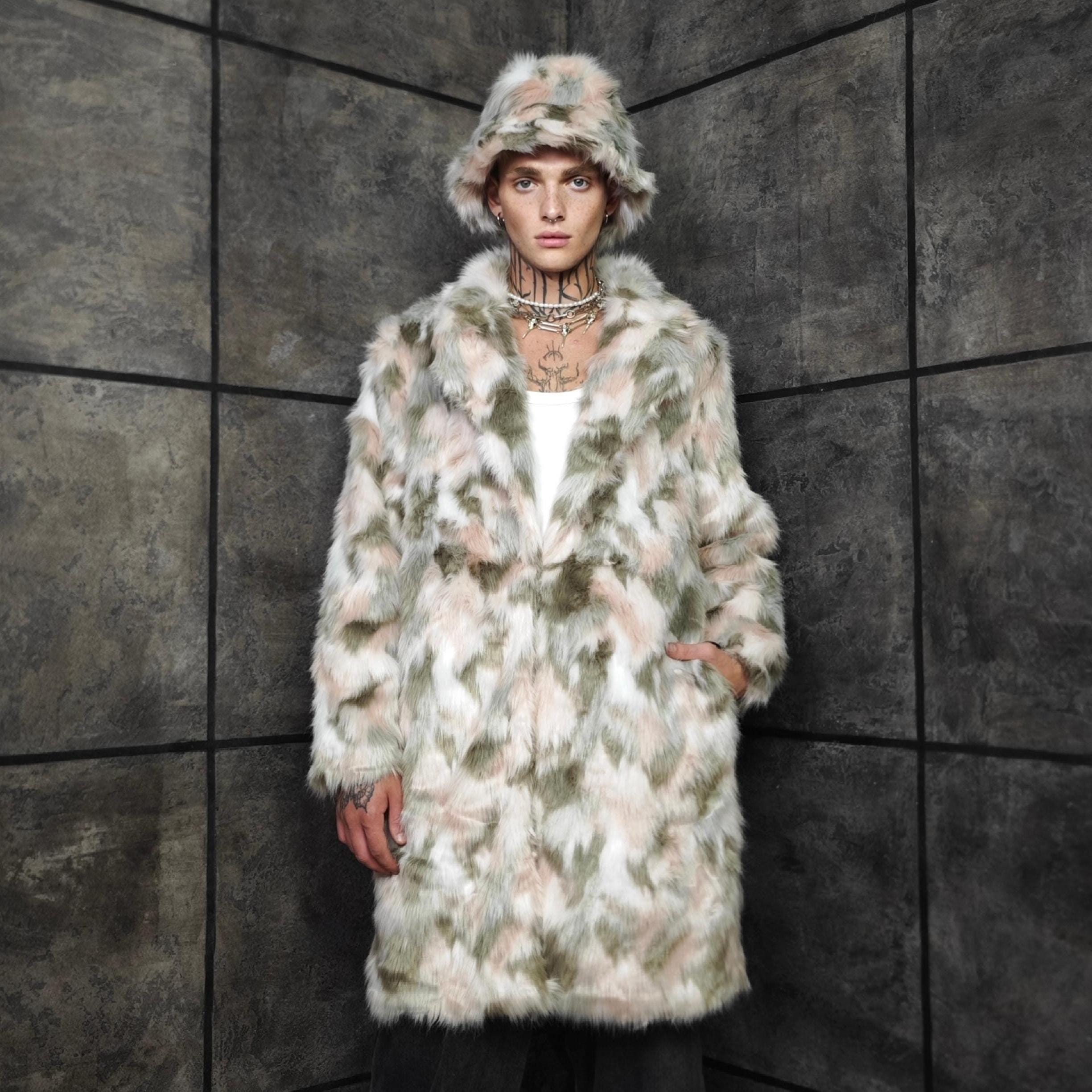 Camouflage Furry Jacket, Unisex Festival Coat, Green Pink Camo