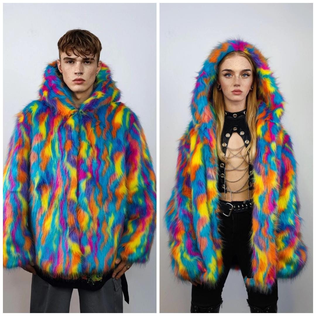 Festival Faux Fur Jacket Psychedelic 90s Hoodie Neon Burner Rave Festival Faux Fur Jacket Psychedelic 90s Hoodie Neon Burner Rave