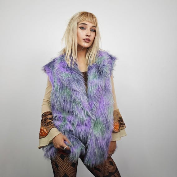 Shaggy Glitter Faux Fur Coat Tie Dye Tinsel Trench Purple Green
