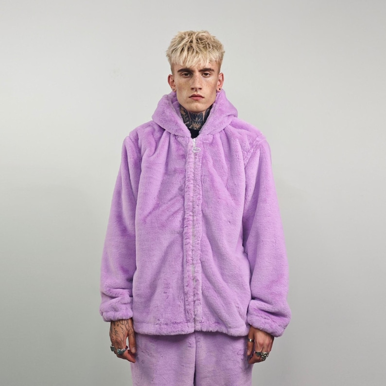 Faux fur hooded coat lilac soft fleece hoodie luxury fluffy jacket detachable sleeves handmade solid color party overcoat fuzzy festival set