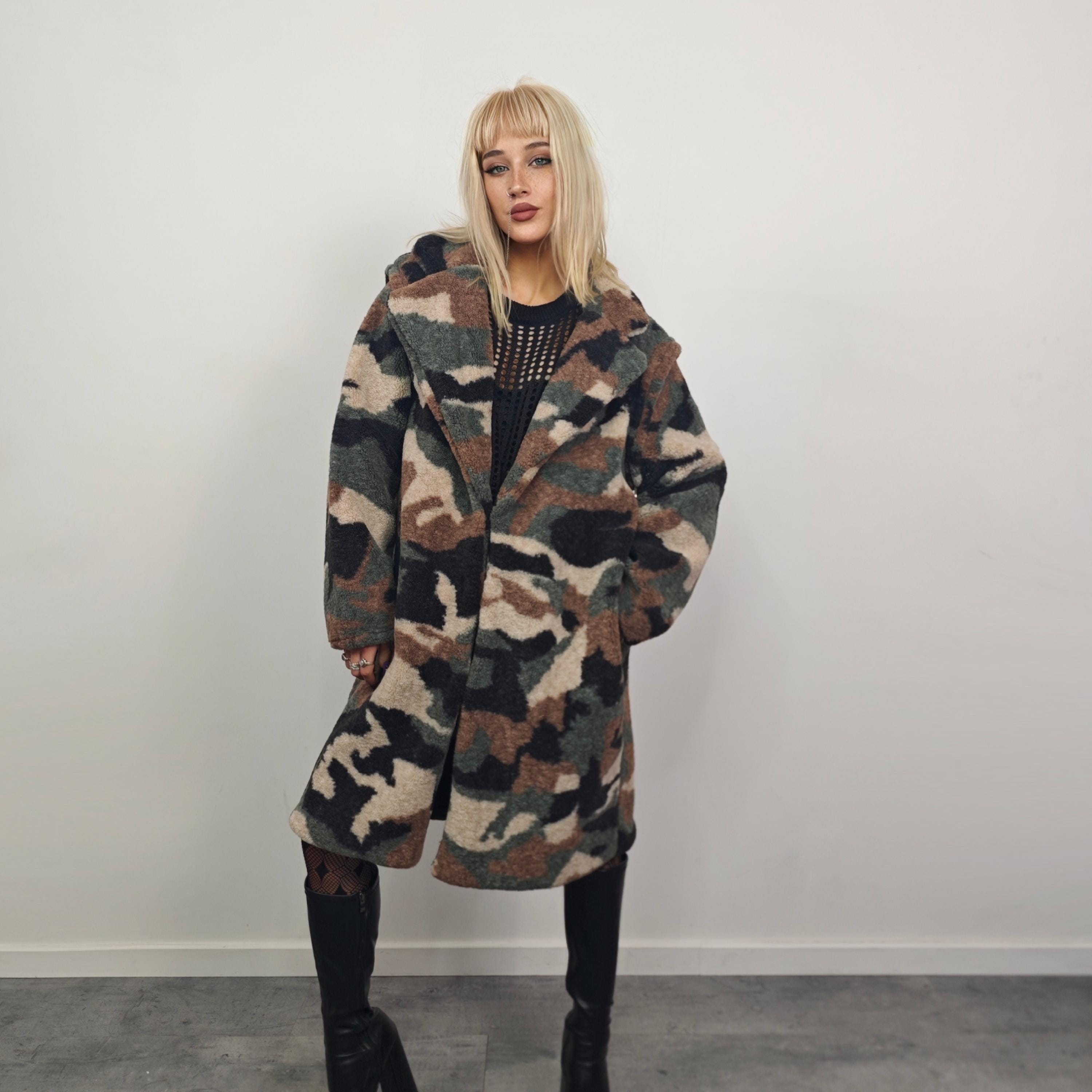 Camo Teddy Fleece Trench Coat, Hooded Military Style Outerwear