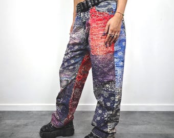 Bandana jeans boho patchwork print pants unisex paisley denim festival trousers colorful straight leg hip-hop skater vintage style bottoms