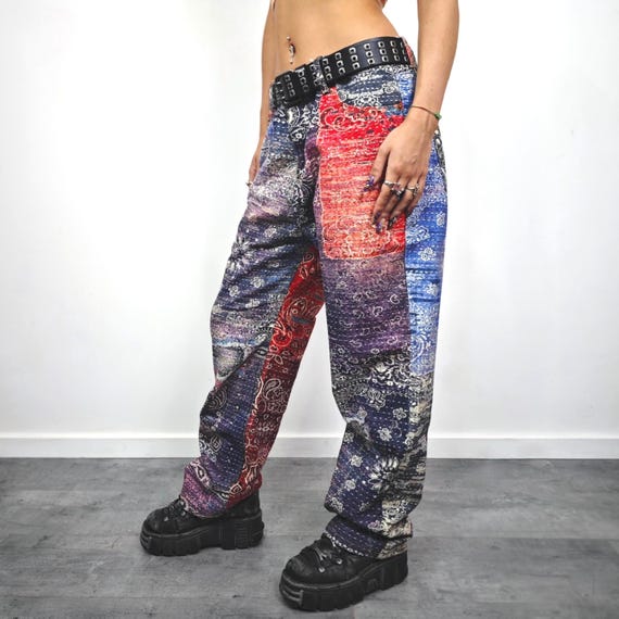 Bandana Jeans Boho Patchwork Print Pants Unisex Paisley Denim multicolored patchwork genes denim pants