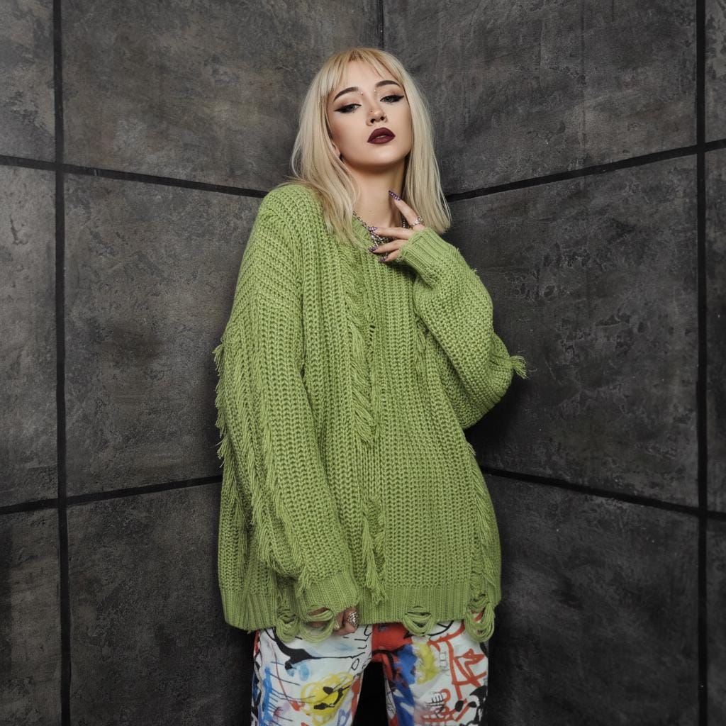 Brat Green Ripped Sweater, Acid Lime Distressed Knit, Hyperpop