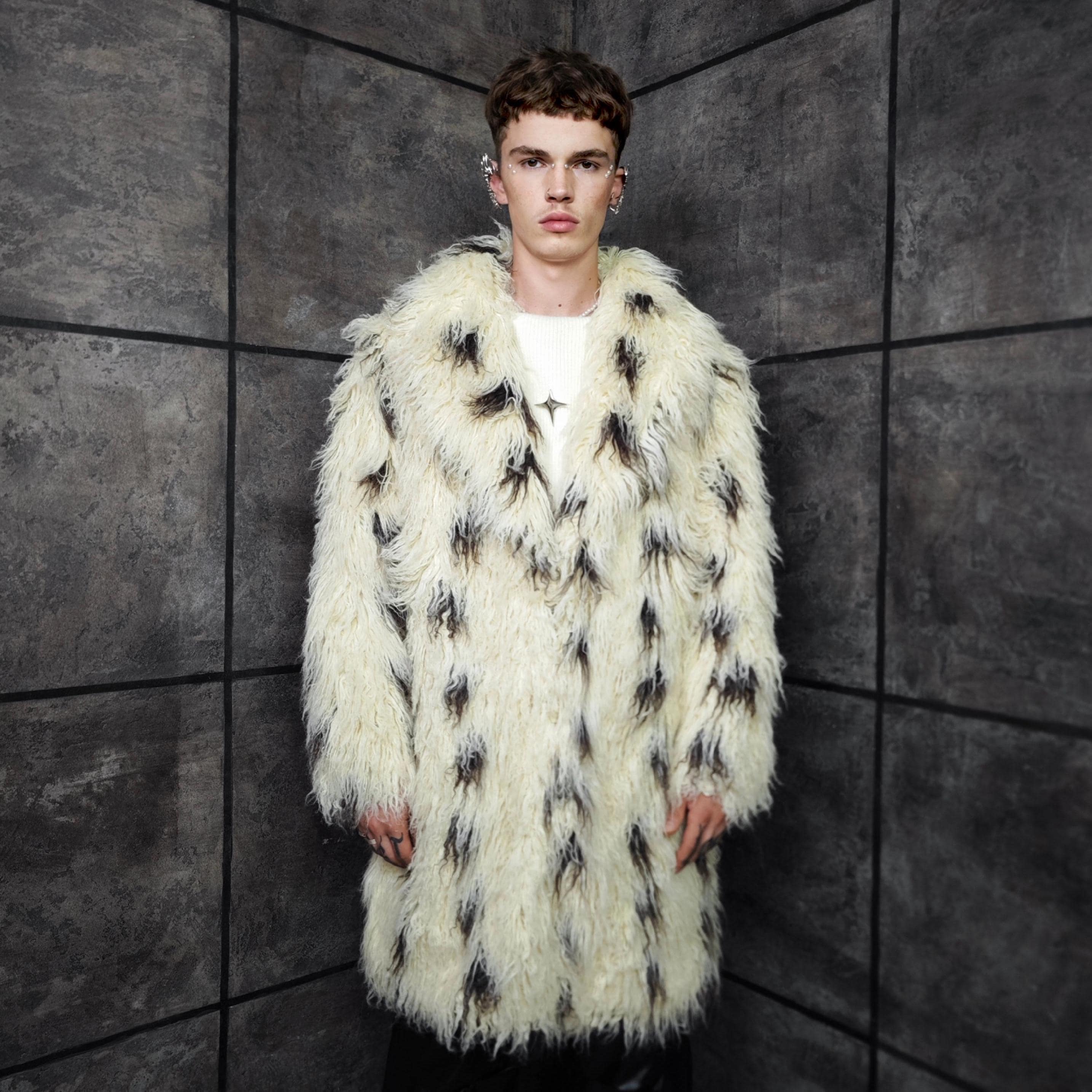 ジャケット・アウター Andequal(shaggy studs coat jacket) Speckled Faux Fur Coat Shaggy White Black Spotted Oversize Burner