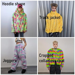 May include: Image showcasing four different faux fur clothing items. A hoodie, track jacket, joggers, and a cropped collarless coat. The items feature vibrant colors like pink, green, yellow, and blue. The text labels each item's style.