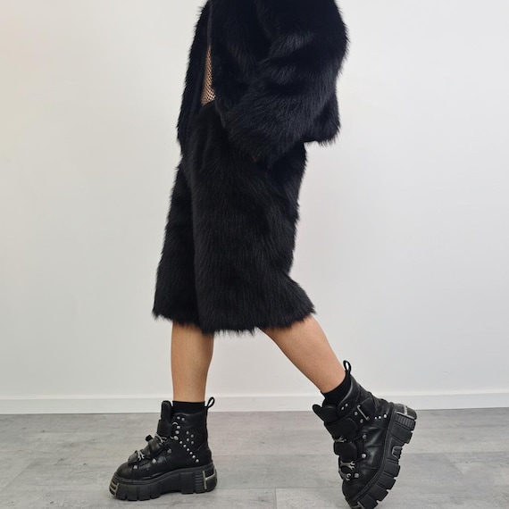 Black Faux Fur Shorts, Edgy Fluffy Joggers, Gothic Pants Style