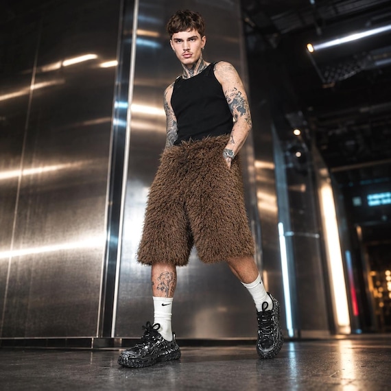 Brown Shaggy Fur Shorts, Unisex Nomad Festival Bottoms, Caveman