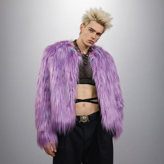 Shaggy Faux Fur Coat Purple Neon Fluffy Collarless Lilac Jacket