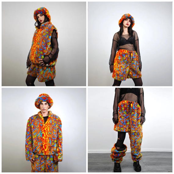 Red Leopard Faux Fur Coat Neon Animal Print Collarless Jacket 90s