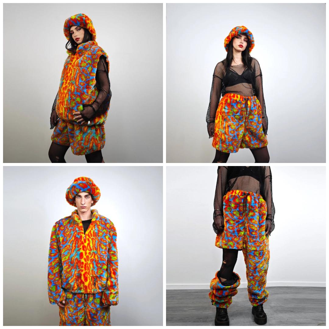 Red Leopard Faux Fur Coat Neon Animal Print Collarless Jacket 90s