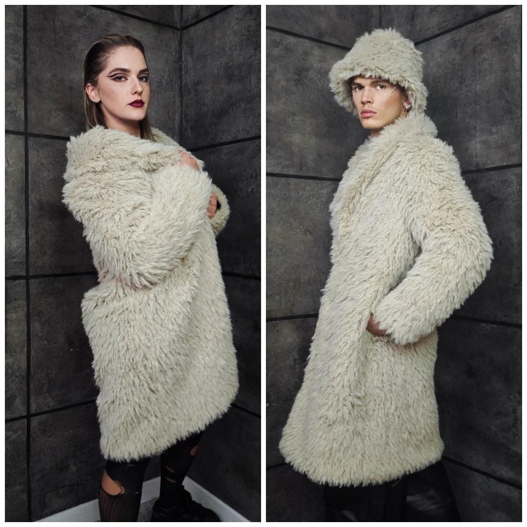 Monster Fur Coat Cream Unisex Long Pile Trench Shaggy Jacket