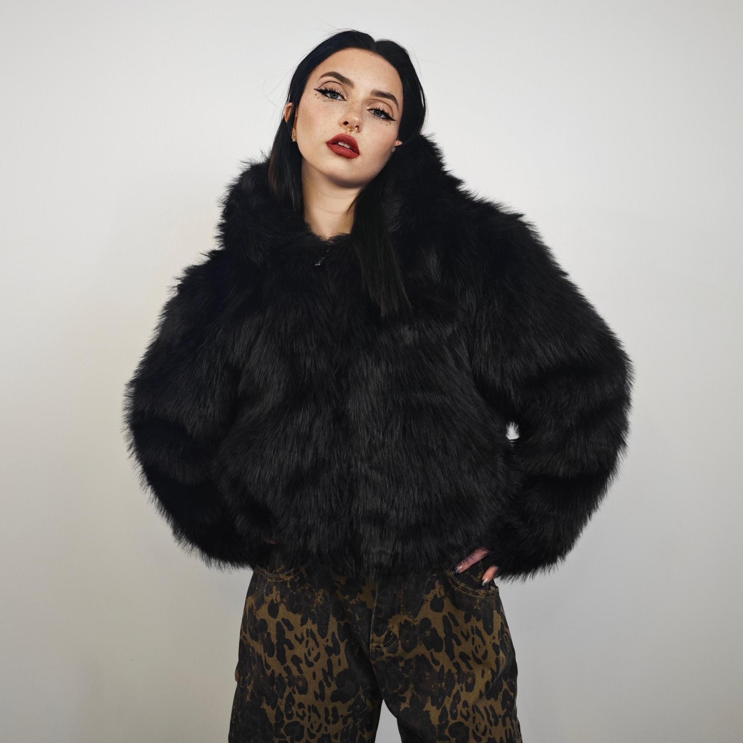 9/s project　ファー付きクロップドMA-1ジャケット Black Faux Fur Cropped Hoodie, Short Fluffy Glam Bomber