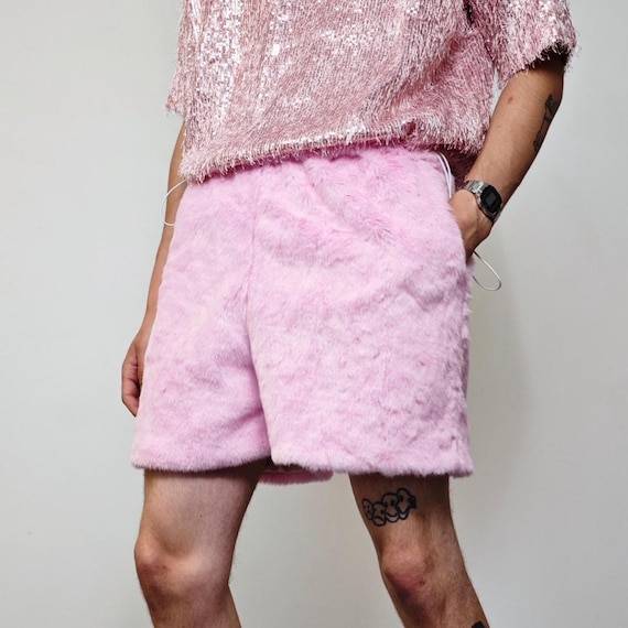 【は*)】Eàphi FLUFFY SHORT PANTS Faux Fur Shorts Pastel Pink Fuzzy Cropped Pants Hairy Trousers