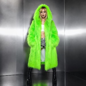 Neon Green Faux Fur Coat, Hooded Shaggy Jacket, Acid Lime Rave Festival Outfit, Oversized Club Kid Outerwear