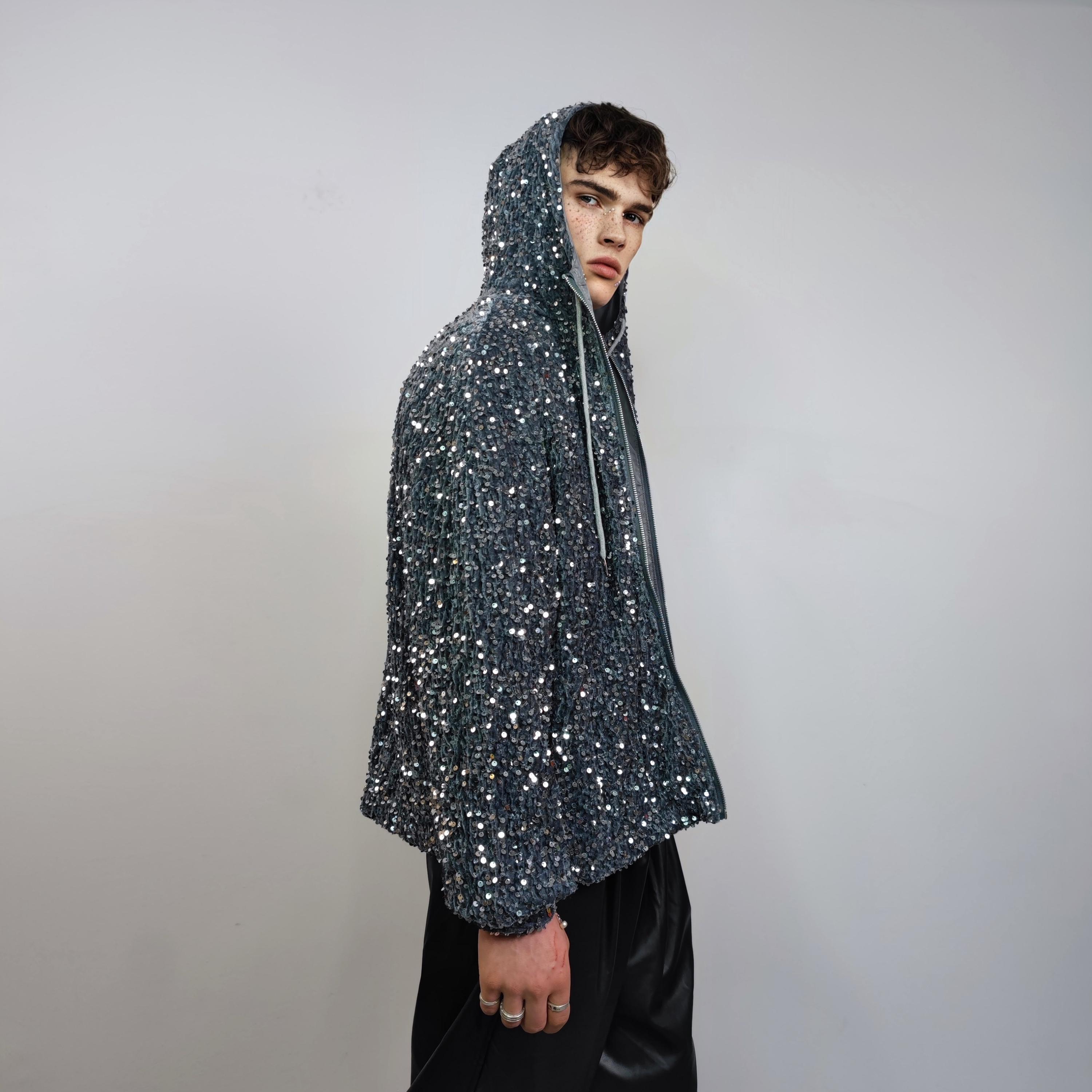 Black Sequin Hoodie, Glitter Pullover Sparkle Jumper, Party Top