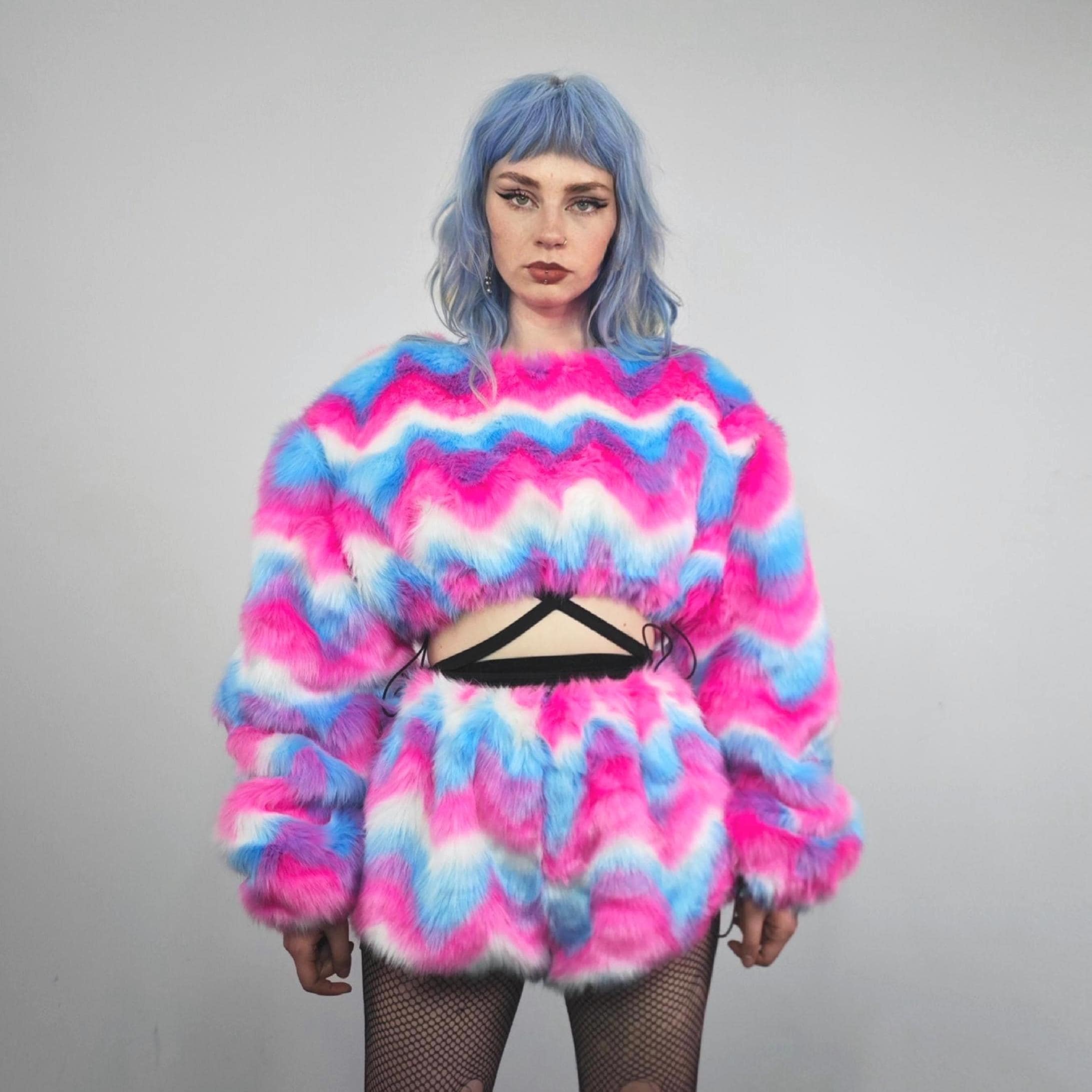 Striped Crop Top Pink Blue Faux Fur Festival Fleece Short Rave