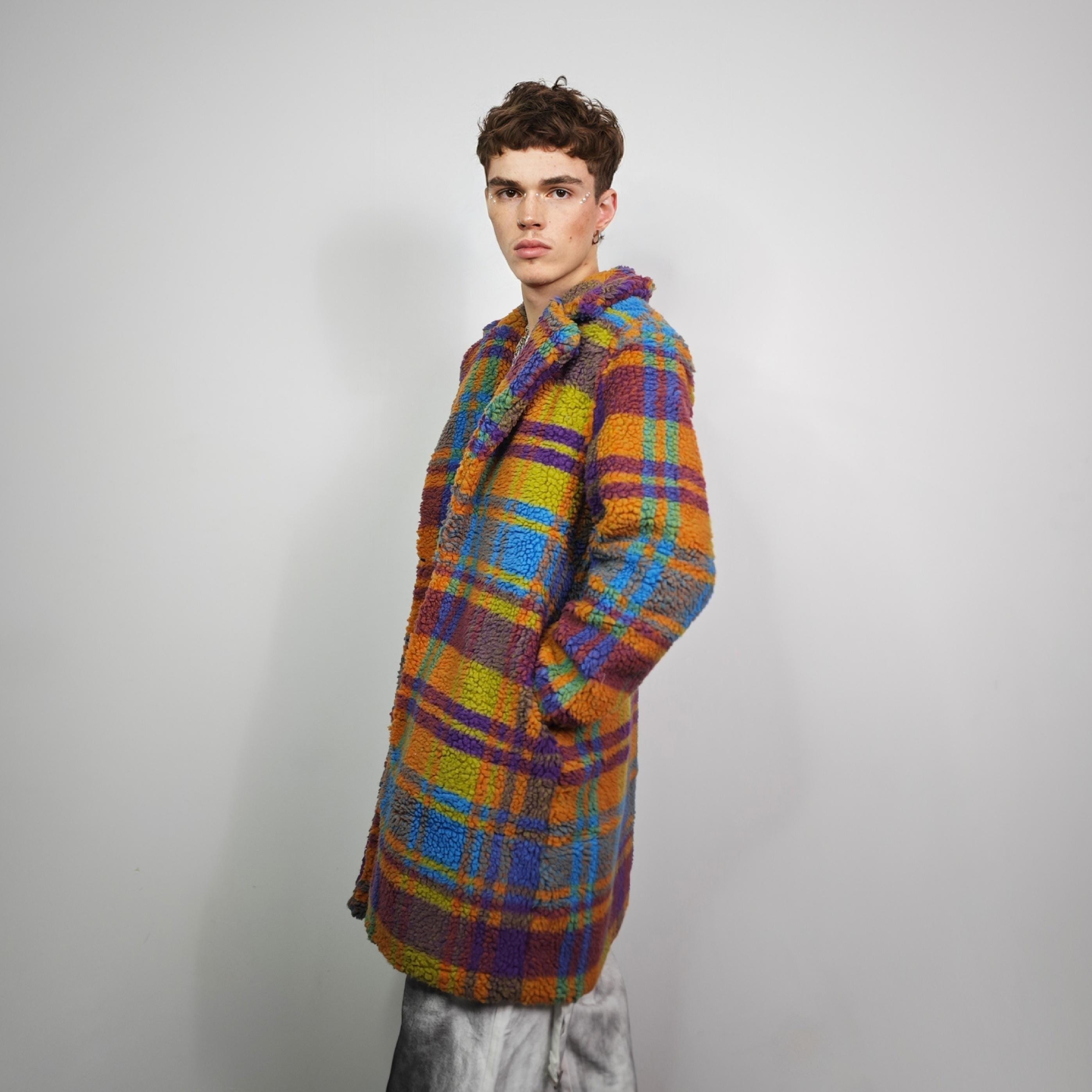 ジャケット・アウター 80s 90s ITALY plaid pattern coat EURO Rainbow Plaid Teddy Coat Checked Fleece Trench Unisex Oversize