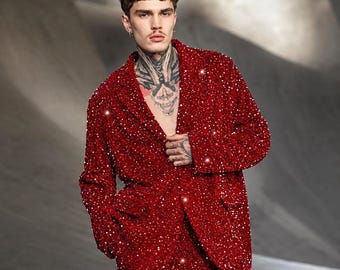 Red Sequin Blazer, Sparkly Tuxedo Jacket, Prom Wedding Party Wear, Evening Suit Jacket, Birthday Outfit